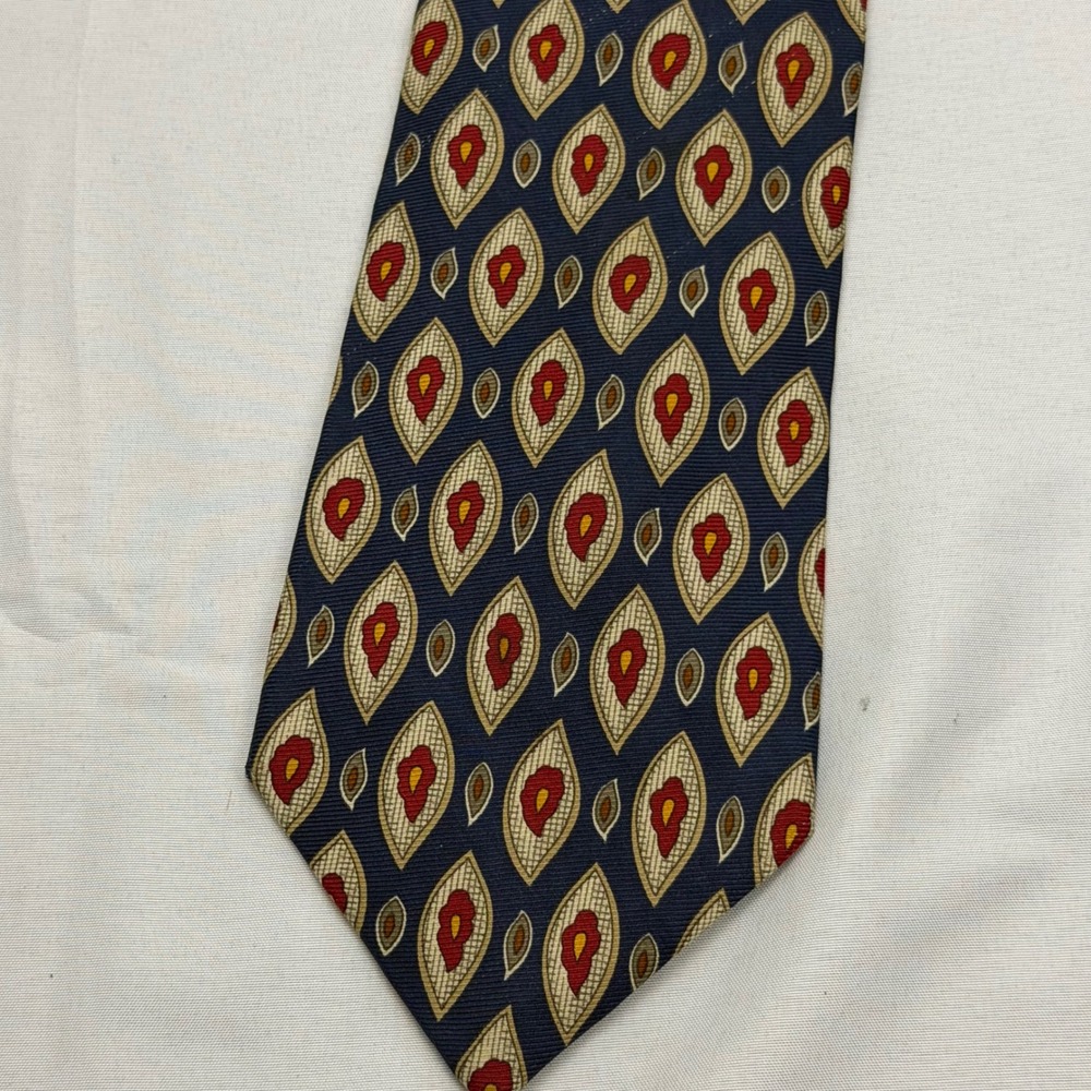 Burberrys Silk Necktie 58" x 3.75 Blue Red Geometric Medallion Hand Sewn USA Vtg